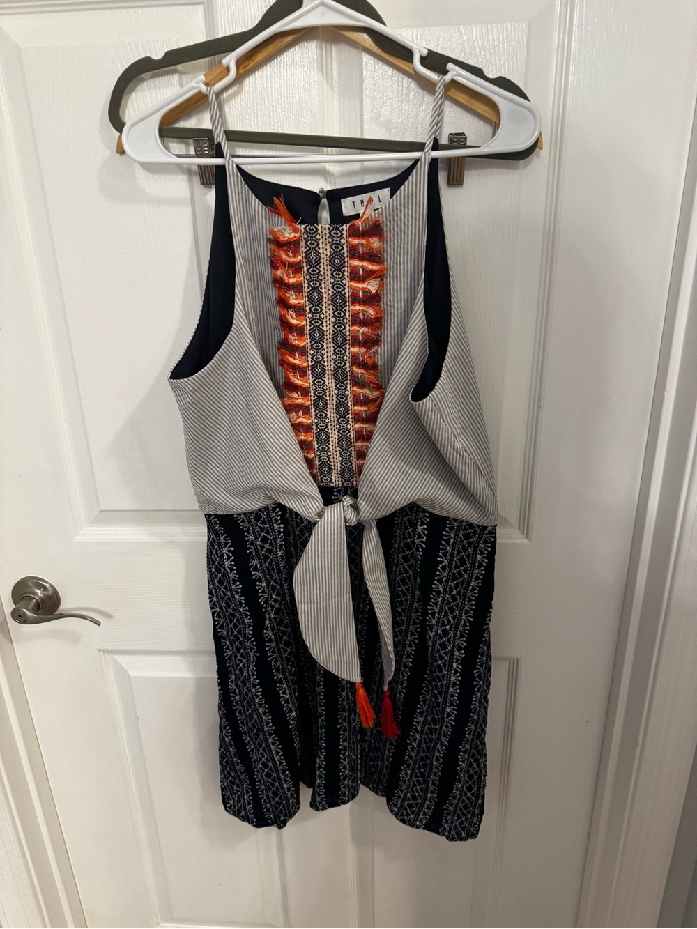 THML Navy, White & Orange Embroidered Tie-Front Mini Dress